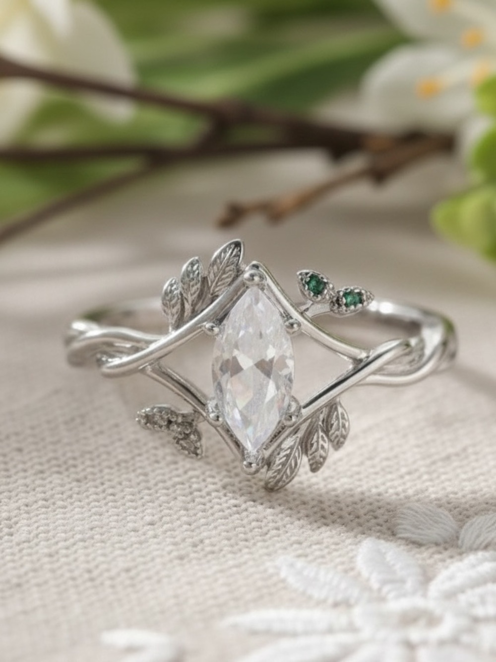 White Gold Plated Leaf Marquise Ring with CZ Centre and Green Accents. New.